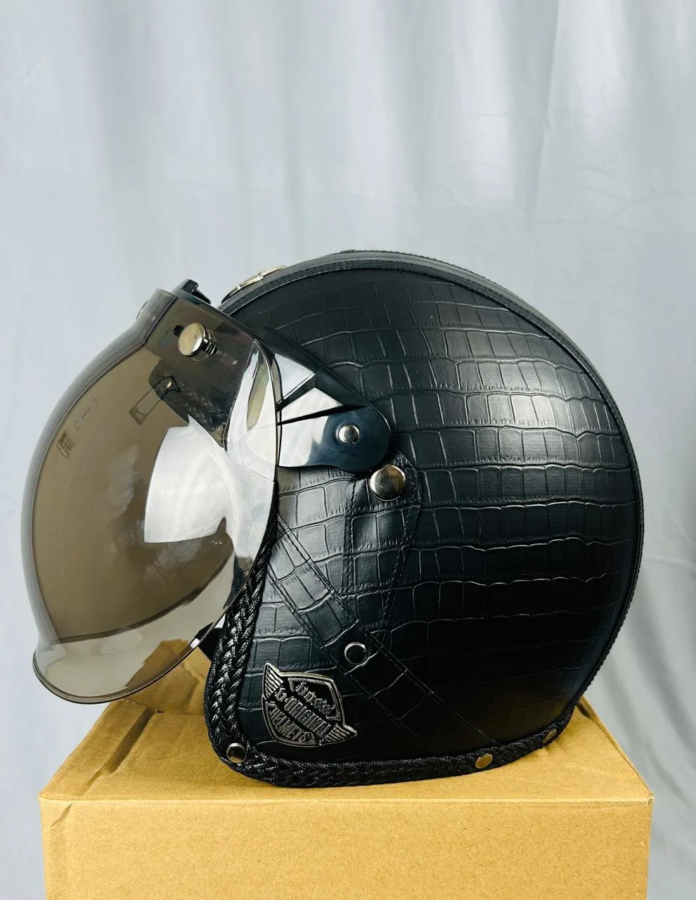 Voss Classic Leather Helmet Black with Bubble Visor
